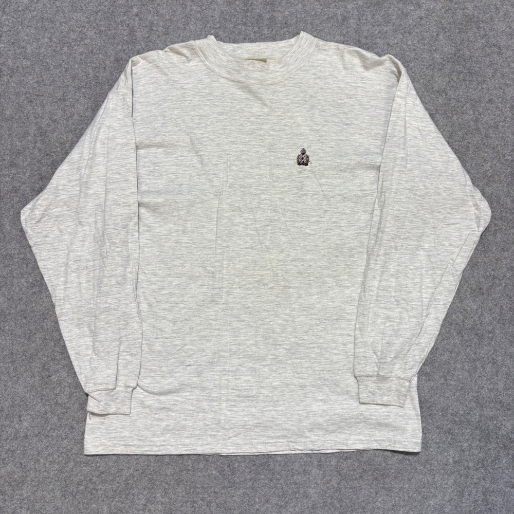 Vintage Bugle Boy Company Mens Grey Heather Long Sleeve Crest Logo T-Shirt L